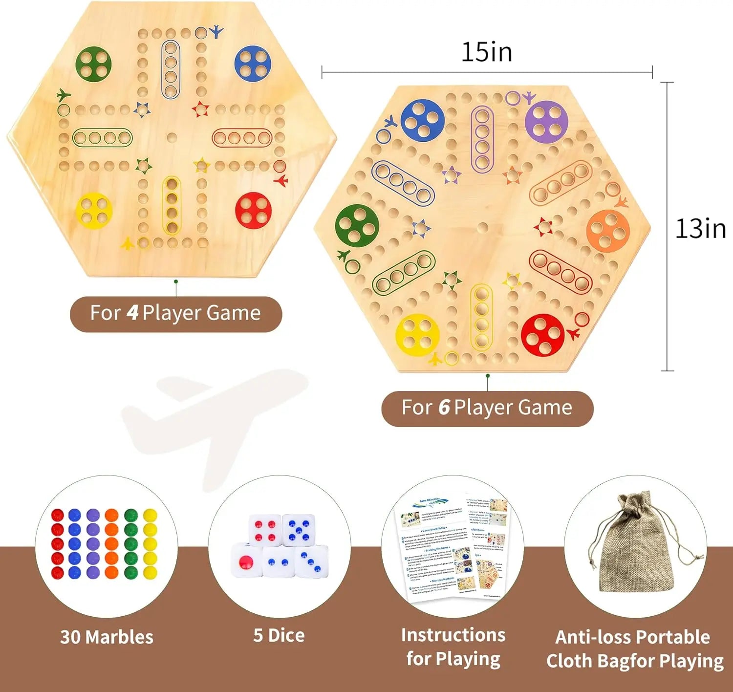 MygikAct wooden wall board Wahoo game with hexagonal design for 4 or 6 players includes marbles dice and cloth bag