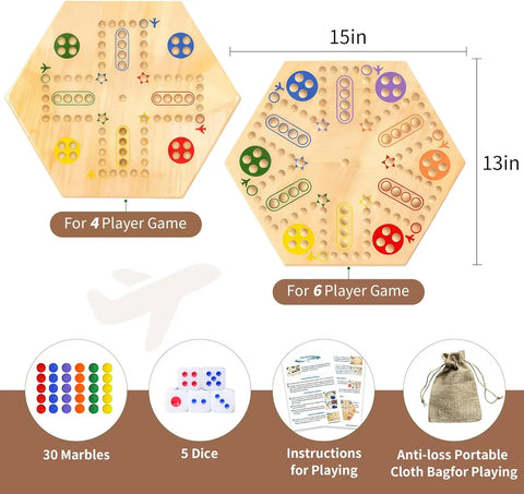 MygikAct wooden wall board Wahoo game with hexagonal design for 4 or 6 players includes marbles dice and cloth bag