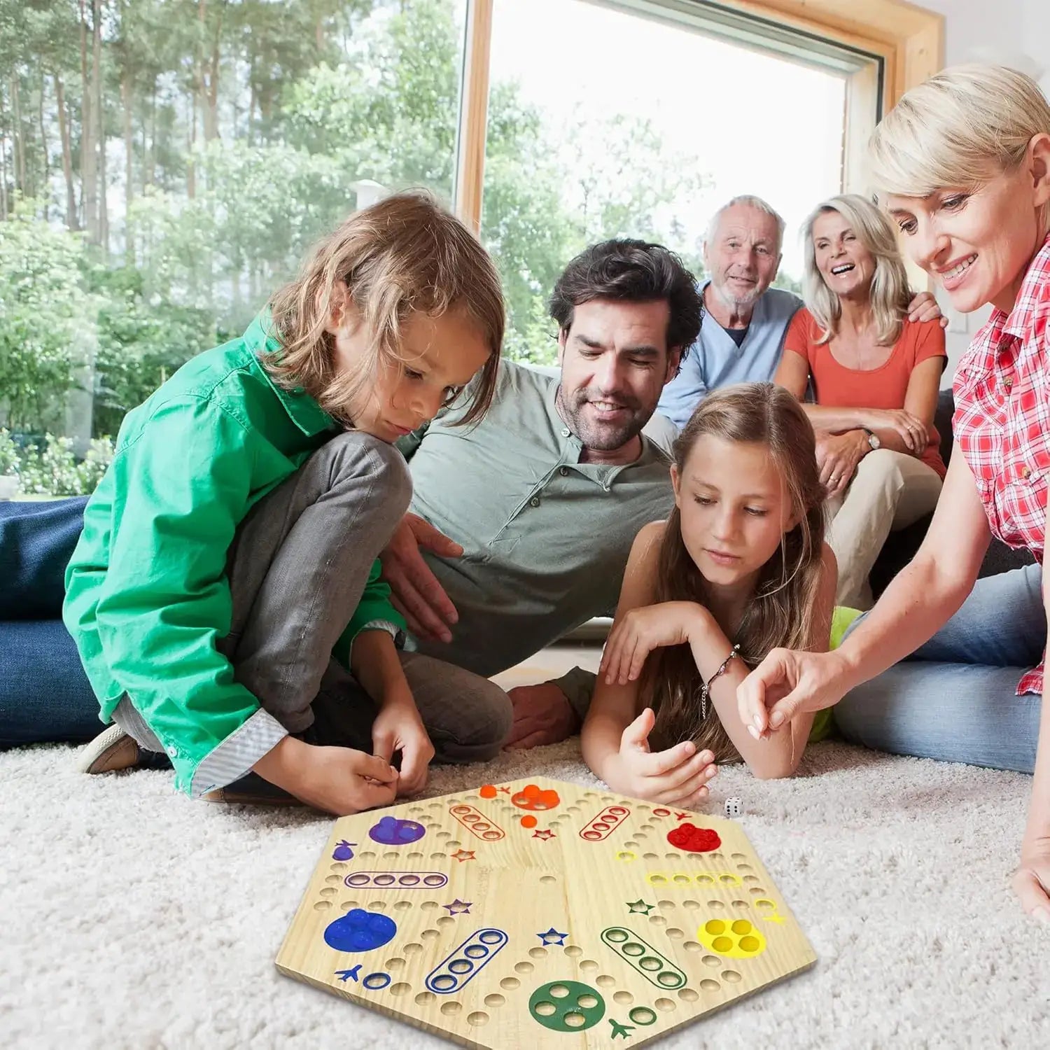 Family playing wooden wall board Wahoo game on carpet with colorful game pieces